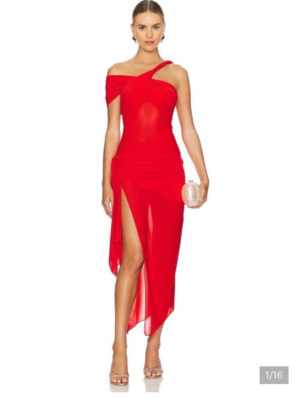 Ronny Kobo Red Viper One-Shoulder Sheer Evening Dress | M
